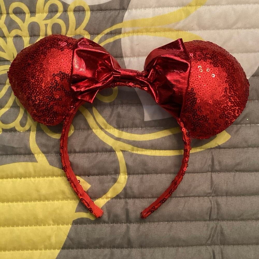 Disney Parks Red SequinEars with Red Metallic Bow Minnie Mouse Ears Headband